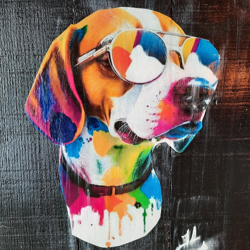 Custom Painted Multicolor Beagle with Sunglasses on Wood